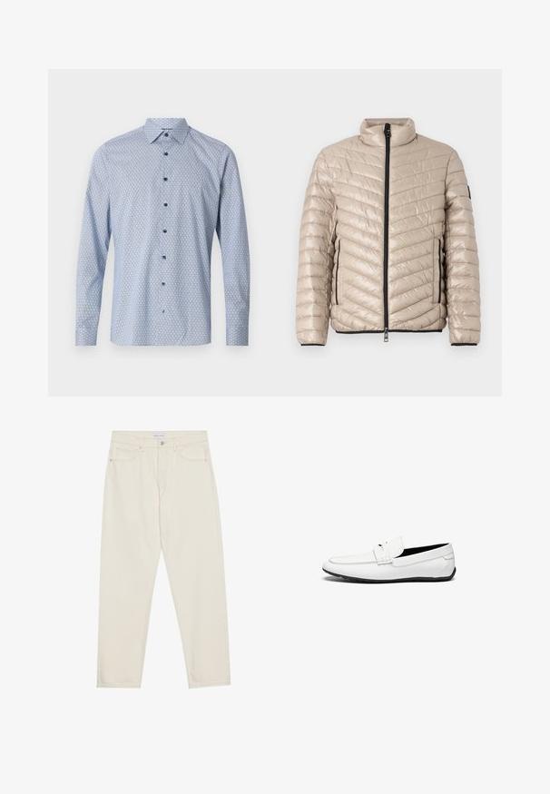 TOM TAILOR LIGHTWEIGHT JACKET - Mezisezónní bunda - light cashmere; Světle modrá košile s dlouhým rukávem, která má geometrický vzor, dírkový límec a kontrastní modré knoflíky na texturované látce.; Béžové džínové kalhoty s rovnými nohavicemi, obsahující pět kapes, zapínání na knoflík a jemné detaily šití. Hladká textura.; Bílé kožené loafers s hladkým povrchem, se šitím po obvodu, kulatou špičkou a černou gumovou podrážkou pro lepší přilnavost.