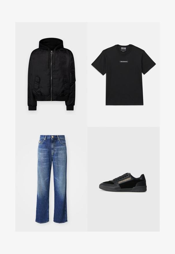 Black bomber jacket with a hood, zip closure, two front pockets, ribbed cuffs and hem, smooth nylon fabric, and subtle sheen.; Black short-sleeve t-shirt made from cotton. Features a rectangular logo label on the chest with "VERSACE JEANS COUTURE" in white text.; High-waisted straight-leg blue denim jeans with slight fade detailing and gold button closure, displayed on a white background.; Black sneaker with a smooth leather finish and suede accents. Features a low-top design, laces, and gold logo detailing on the side.