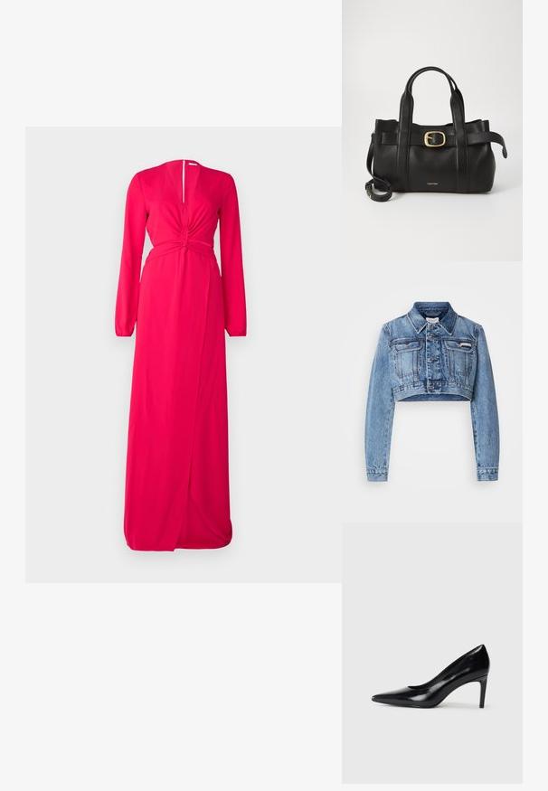 Gaiši zila pusgarā denima jaka ar priekšējiem pogām, divām krūšu kabatām un klasisku apkakli. Iespējamas vieglas nolietojuma un diegu detaļas.; Garšs rozā kleita ar garām piedurknēm, mezglotu jostas detaļu, dziļu V veida izgriezumu un priekšējo šķēlumu. Izgatavota no mīkstas, plūstošas auduma.; Melnas ādas augstpapēžu kurpes ar norādītu purngali, gludu tekstūru un šauru papēdi. Minimālistisks dizains, bez papildu rotājumiem.; Melnas ādas rokassoma ar strukturētu dizainu, divām augšējām rokturām, zelta toņa sprādzes akcentu un iegravētu zīmola logo priekšpusē.