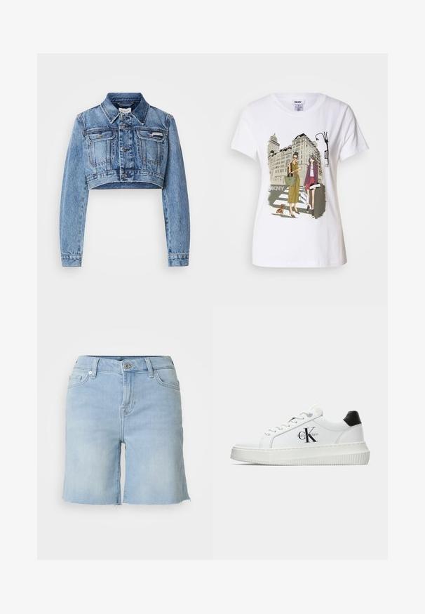 Vaaleansininen lyhyt farkkutakki, jossa on etunapit, kaksi rintataskua ja klassinen kaulus. Sisältää hienoja haalennuksia ja ompeluyksityiskohtia.; Valkoinen puuvillainen t-paita, jossa on painettu kuva kahdesta naisesta kaupunkimuotityyleissä, koirasta suojatiellä ja kaupungin rakennuksista.; Vaaleansiniset farkkushortsit, joissa on suora lahje, nappikiinnitys ja revitty helma. Dirrettä löytyy etutaskut ja klassinen leikkaus.; Valkoiset matalat tennarit, joissa on musta kantapää, alustasolki, nauhat ja Calvin Kleinin "CK" logo sivuilla.