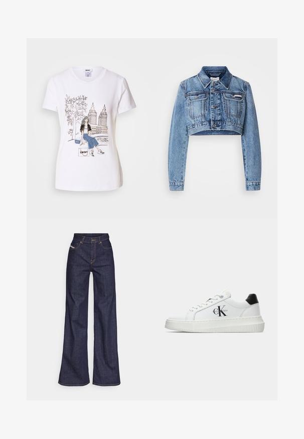 Lysblå cropped denimjakke med frontknapper, to brystlommer og klassisk krave. Har subtile falmninger og synlingsdetaljer.; Hvid bomulds t-shirt med et sort-hvidt grafisk motiv af en pige, træer og skyskrabere, med denim detaljer og "DKNY" branding.; Mørkeblå bredbenede jeans i denimstof med høj talje, prydet med orange stikninger, fem-lomme design og knaplukning.; Hvide lavtoppede sneakers med sort hælkænke, platformssål, snørebånd og Calvin Klein "CK" logo på siden.