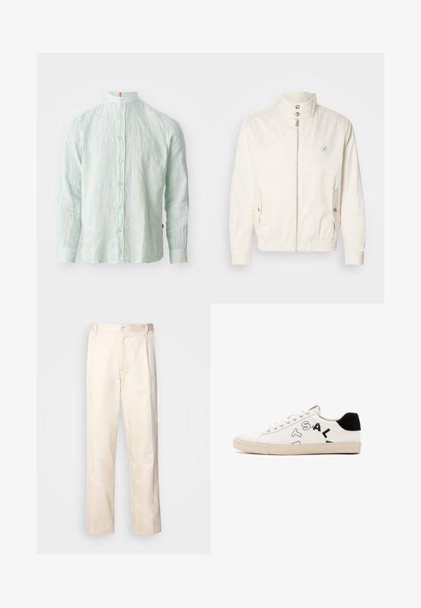Chaqueta ligera blanca con un cuello alto, cierre frontal con cremallera, dos bolsillos laterales y puños elásticos. Presenta un logo en el lado izquierdo del pecho.; Camisa de lino de color verde claro, de manga larga, con cuello alzado, cierre frontal de botones y una textura sutil. Presenta un acento naranja en el cuello.; Pantalones de algodón beige con corte recto, que cuentan con un cierre de botón y pliegues en la parte frontal para un detalle adicional.; Zapatilla de cuero blanca con acentos negros en el talón, con letras negras en negrita en el lateral y suela de goma. Diseño minimalista.