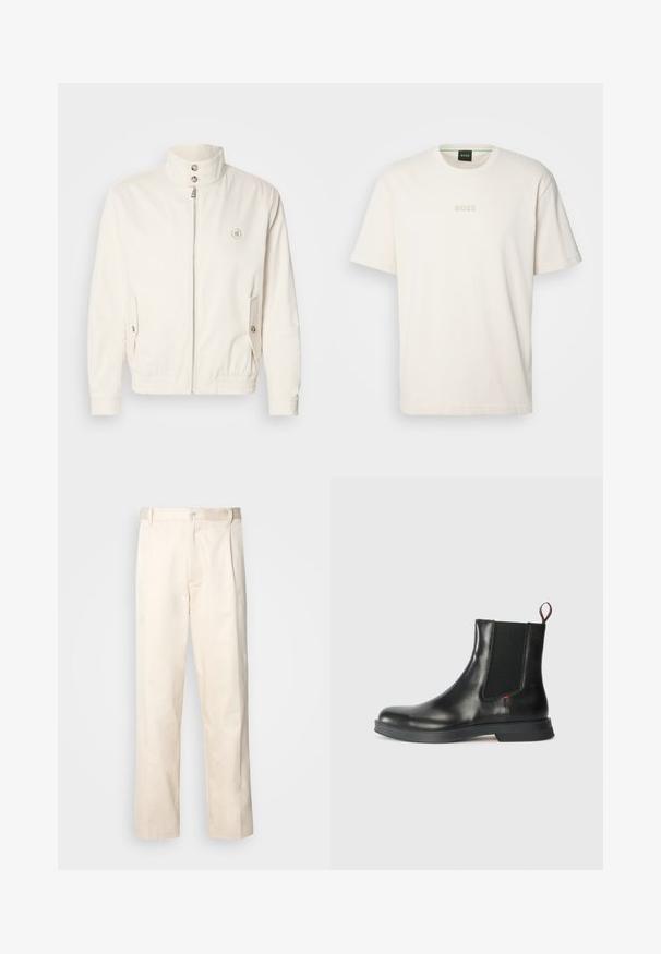 Veste légère blanche avec un col haut, fermeture éclair à l'avant, deux poches latérales et des poignets élastiques. Présente un logo sur la poitrine gauche.; BOSS TEE - T-shirt basique - open white; Pantalon en coton beige avec une coupe droite, présentant une fermeture à bouton et des plis sur le devant pour plus de détails.; Bottines Chelsea en cuir noir avec une finition lisse, des panneaux latéraux élastiques, une languette et une semelle en caoutchouc épaisse pour une traction et une durabilité.