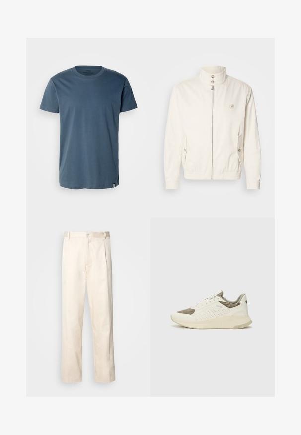 Balts viegls jaciņš ar augstu apkakli, priekšējo rāvējslēdzēju, divām sānu kabatām un elastīgām aprocēm. Uz kreisā krūts ir logo.; Mads Nørgaard THOR TEE - Pamata T-krekls - midnight navy; Bežā krāsā auduma bikses ar taisnu kāju griezumu, pievienotām pogu aizdares un priekšējiem krokām papildu detaļām.; Baltas un gaiši bež sporta apavi, ar sieta augšdaļu, perforētiem detaļām un teksturētu vidusdaļu ar zīmolu uz papēža.