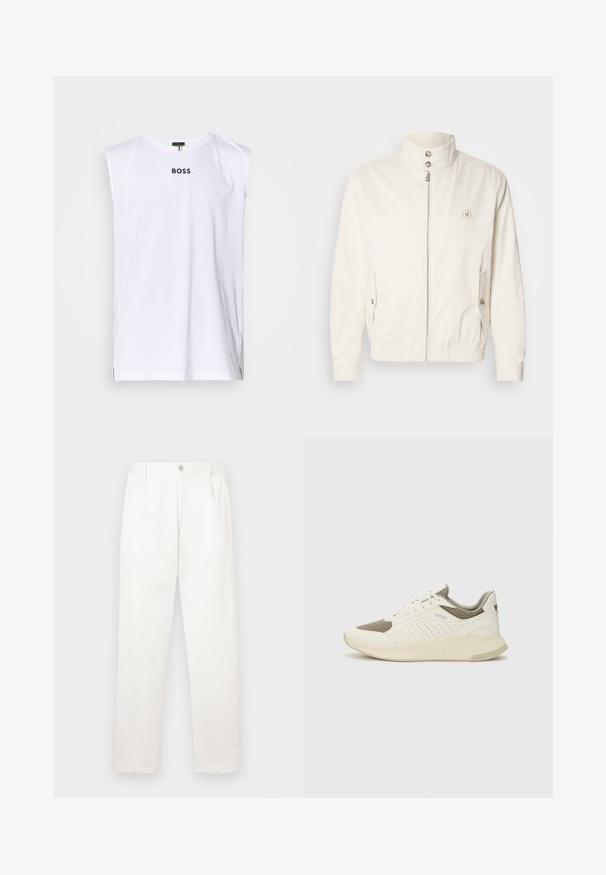 Casaco leve branco com colarinho alto, fecho frontal com zip, dois bolsos laterais e punhos elásticos. Apresenta um logo no peito esquerdo.; BOSS TANK - Top - white; Calças brancas feitas de um tecido suave, com um design de perna reta, pregas frontais e um fecho de botão único na cintura.; Sapatilha atlética branca e bege claro, com parte superior em malha, detalhes perfurados e uma entressola texturizada com marcação no calcanhar.