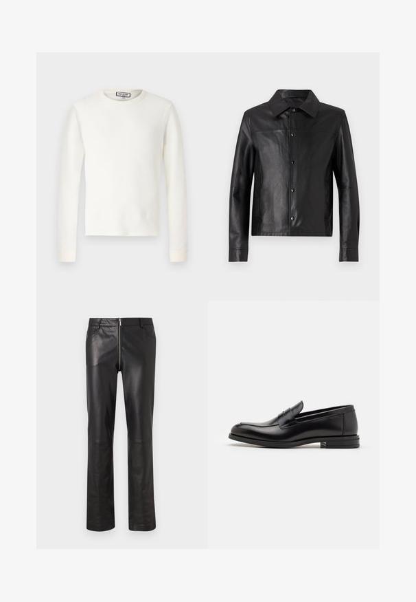 Black leather jacket with a collar, front snap buttons, and long sleeves. Smooth texture, minimalistic design, and tailored fit.; White long-sleeve thermal top with a ribbed texture, crew neck, and banded cuffs. Clean design with no patterns or additional accents.; Black leather pants featuring a slim fit, straight legs, and a front zip closure with two front pockets and a smooth, glossy finish.; Black leather loafers with a smooth texture, rounded toe, and a decorative strap across the vamp. Low stacked heel, minimalist design.