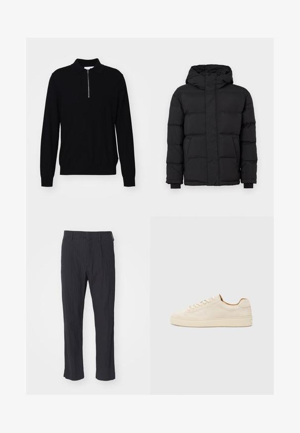 Schwarze Steppjacke mit Kapuze, ausgestattet mit einem gestepp ten Design, elastischen Bündchen und zwei Fronttaschen. Glatte Textur und warme Isolierung.; Schwarzer Pullover mit langen Ärmeln und Reißverschlusskragen, aus Strickstoff gefertigt. Hat eine taillierte Passform sowie gerippte Bündchen und Saum.; Schwarze plissee Hosen aus strukturiertem Stoff, mit geradem Bein und normalem Bund. Keine sichtbaren Taschen oder Beschläge.; Beige Wildledersneaker mit einem Low-Top-Design, runder Zehenform, flachen Schnürsenkeln und einer strukturierten Gummisohle. Minimalistischer Stil ohne sichtbare Logos.