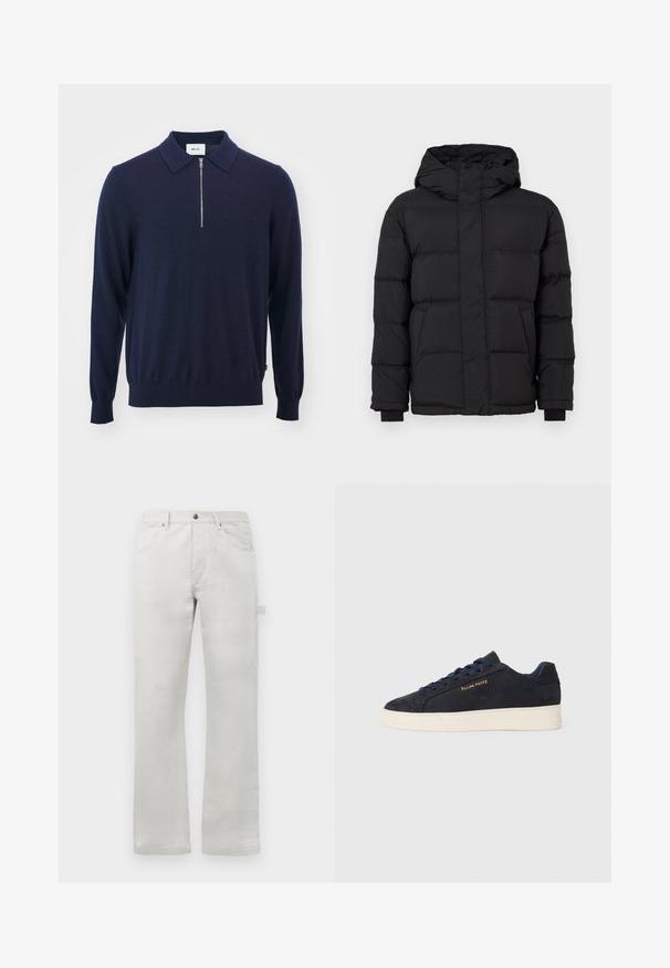 Musta puffjakker, millel on kapuuts, iseloomulikult tehtud tikandiga, elastsete mansettide ja kahe esiosa taskuga. Sile tekstuur ja soe isolatsioon.; Tumedat sinise värvitooni kudumipullover, millel on krae, pool-eesriie ja soonikkoesed, valmistatud pehmest ja siledast materjalist.; Heledad hallid püksid sirge lõikega, valmistatud siledast puuvillakangast, millel on ees taskud ja küljetasku.; Tumedat sinine seemisnahast madala profiiliga tennis, valge tossutald, tumesinised paelad ning küljes kuldne "Filling Pieces" logo.