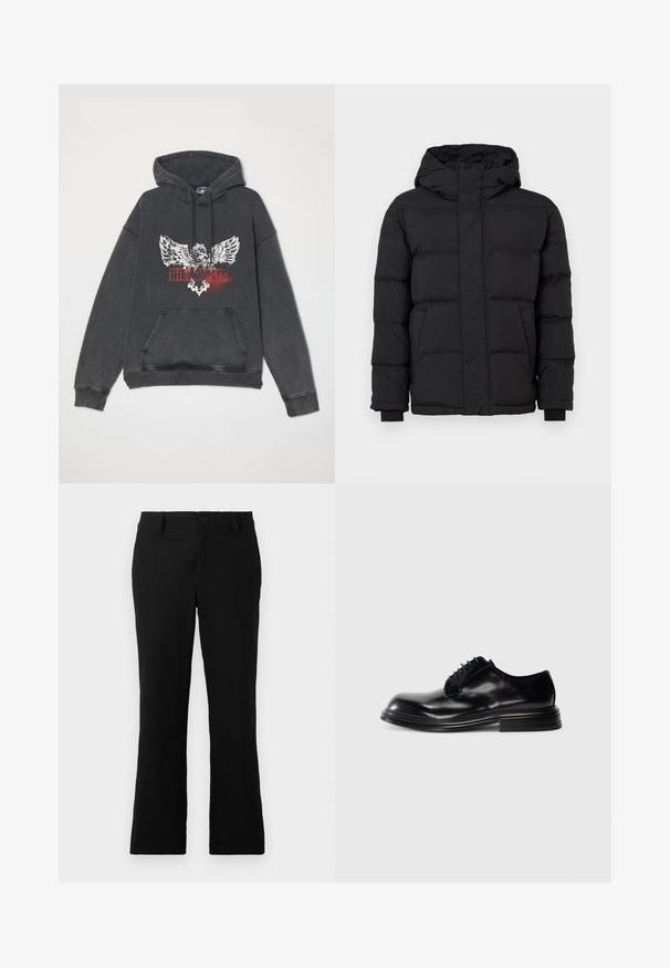 Czarna kurtka puchowa z kapturem, z pikowanym wzorem, elastycznymi mankietami i dwoma przednimi kieszeniami. Gładka struktura i ciepła izolacja.; Czarny, oversize'owy hoodie z graficznym nadrukiem przedstawiającym orła oraz napisem "THE KINGS". Zawiera przednią kieszeń oraz kaptur ze sznurkiem.; Czarne spodnie z szerokimi nogawkami wykonane z mieszanki bawełny, z zapięciem na guzik, szlufkami na pasek oraz gładką teksturą bez widocznych wzorów.; Czarne skórzane buty wizytowe z zaokrąglonym noskiem, gładkim wykończeniem, sznurowanym zapięciem i warstwowym obcasem. Minimalistyczny styl bez widocznych logo.