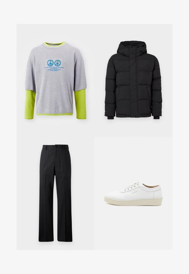 Black puffer jacket with a hood, featuring a quilted design, elastic cuffs, and two front pockets. Smooth texture and warm insulation.; Gray cotton sweatshirt with a bright green inner layer, featuring blue peace symbols and text print on the front. Short sleeves, relaxed fit.; Black straight-leg trousers with belt loops, front button, and zipper closure, displayed against a plain white background.; White leather sneaker with a textured finish, round toe, beige rubber sole, and six grey lace eyelets, featuring subtle branding on the side.