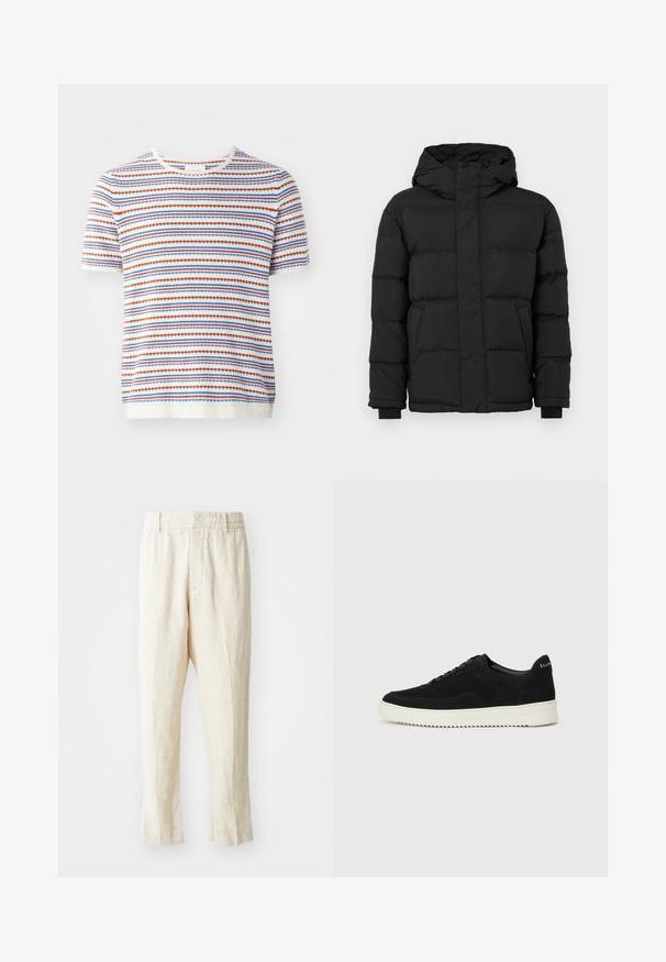 Black puffer jacket with a hood, featuring a quilted design, elastic cuffs, and two front pockets. Smooth texture and warm insulation.; Short-sleeve knit sweater in white with horizontal stripes in red, blue, and orange, featuring a ribbed neckline and textured weave.; Beige linen trousers with a loose fit, tapered legs, and a flat front. Features an elastic waistband for comfort and minimal seam detailing.; Black suede sneaker with lace-up design and contrasting white rubber sole. Features textured side panels and subtle branding on the heel.