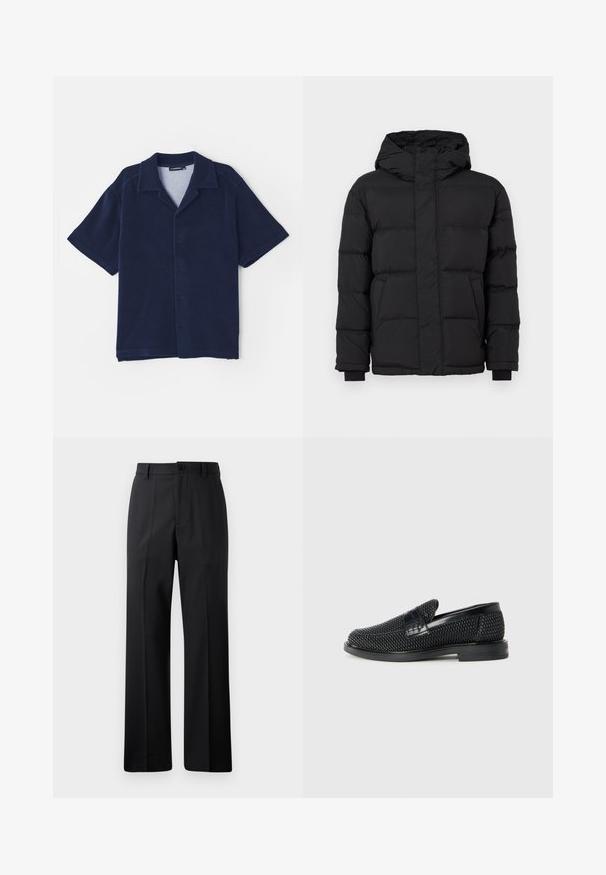 Black puffer jacket with a hood, featuring a quilted design, elastic cuffs, and two front pockets. Smooth texture and warm insulation.; Navy blue short-sleeve shirt made of soft fabric. Features a turn-down collar and a buttoned front closure. Smooth texture without patterns.; Black straight-leg trousers with belt loops, front button, and zipper closure, displayed against a plain white background.; Black woven slip-on shoe with a smooth leather accent on the upper, a round toe design, and a low-profile rubber sole.