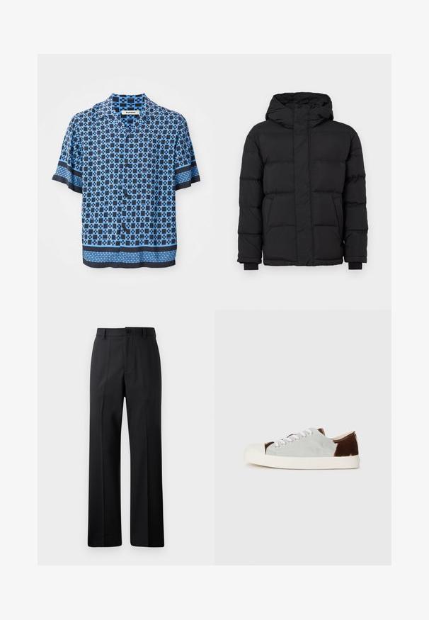 Giacca a vento nera con cappuccio, caratterizzata da un design trapuntato, polsini elasticizzati e due tasche frontali. Texture liscia e isolamento caldo.; Camicetta a maniche corte con bottoni in blu e navy, caratterizzata da un motivo geometrico. Realizzata in tessuto leggero con una vestibilità comoda e colletto piatto.; Pantaloni neri a gamba dritta con passanti per cintura, chiusura frontale con bottone e zip, esposti su uno sfondo bianco semplice.; Sneaker basse con tomaia in tela grigia e dettagli in suede marrone, lacci bianchi e punta in gomma beige. Suola piatta per un look casual.