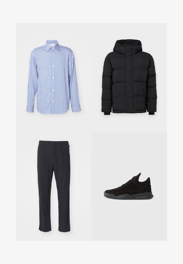 Schwarze Steppjacke mit Kapuze, ausgestattet mit einem gestepp ten Design, elastischen Bündchen und zwei Fronttaschen. Glatte Textur und warme Isolierung.; Hemd in Blau- und Weißstreifen, mit Kragen, langen Ärmeln, Knopfverschluss, aus weichem Stoff, mit geknöpften Manschetten und gleichmäßig verteilten vertikalen Streifen.; Schwarze plissee Hosen aus strukturiertem Stoff, mit geradem Bein und normalem Bund. Keine sichtbaren Taschen oder Beschläge.; Schwarze Wildleder-Sneaker mit niedrigem Profil, strukturiertem Obermaterial, flachen Schnürsenkeln und einer soliden Gummisohle mit leichtem Absatz und geschwungenem Design.