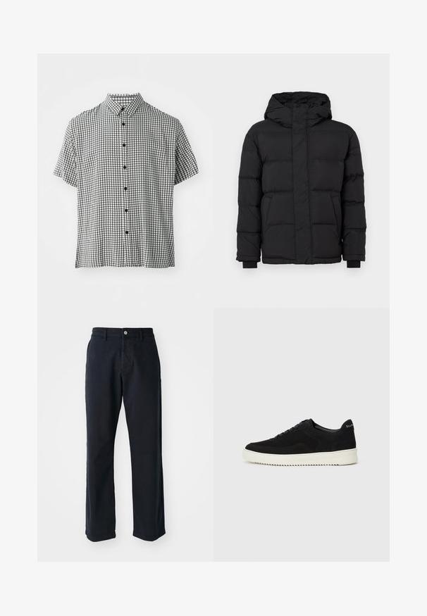 Giacca a vento nera con cappuccio, caratterizzata da un design trapuntato, polsini elasticizzati e due tasche frontali. Texture liscia e isolamento caldo.; Camicia a maniche corte con bottoni, caratterizzata da un motivo a griglia bianco e nero, con colletto classico e bottoni neri lungo la parte frontale.; Pantaloni in cotone blu navy con design a gamba dritta, dotati di chiusura frontale con bottone e due tasche laterali. Tessuto morbido, senza motivi visibili.; Sneaker in suede nero con design con lacci e suola in gomma bianca a contrasto. Presenta pannelli laterali testurizzati e un marchio discreto sul tallone.