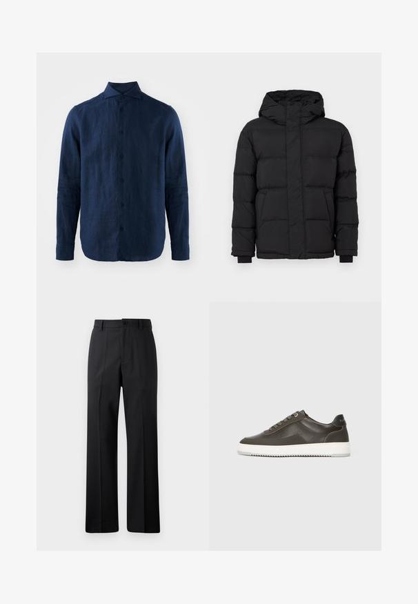 Črna puhovka s kapuco, z ohlapno zasnovo, elastičnimi manšetami in dvema sprednjima žepoma. Gladka tekstura in topla izolacija.; Modra lanena srajca z dolgimi rokavi, s koničastim ovratnikom, sprednjim zapiranjem na gumb in teksturirano tkanino. Okrogla spodnja stran in z gumbi zaprti manšeti.; Črne hlače ravnega kroja z zankami za pas, sprednjim gumbom in zadrgo, prikazane na enotnem belem ozadju.; Temno sivi usnjeni športni copat z gladko teksturo, bel gumijast podplat, ravne vezalke in subtilni logotip na peti. Nizka zasnova.