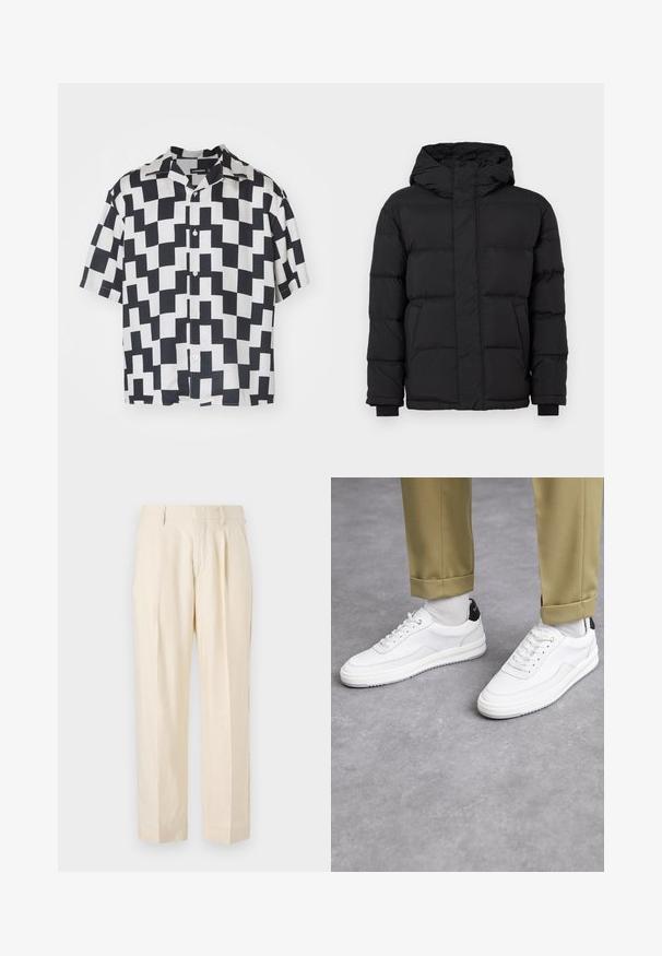 Giacca a vento nera con cappuccio, caratterizzata da un design trapuntato, polsini elasticizzati e due tasche frontali. Texture liscia e isolamento caldo.; Maglietta a maniche corte con motivo geometrico bianco e nero, realizzata in un tessuto morbido con colletto a campana e chiusura a bottoni.; NN.07 KAY - Pantaloni - off white; Sneaker bianchi con finitura in pelle testurizzata, punta arrotondata e accentuazione nera sul tallone. Suola in gomma con piccolo motivo di battistrada e dettagli cuciti.