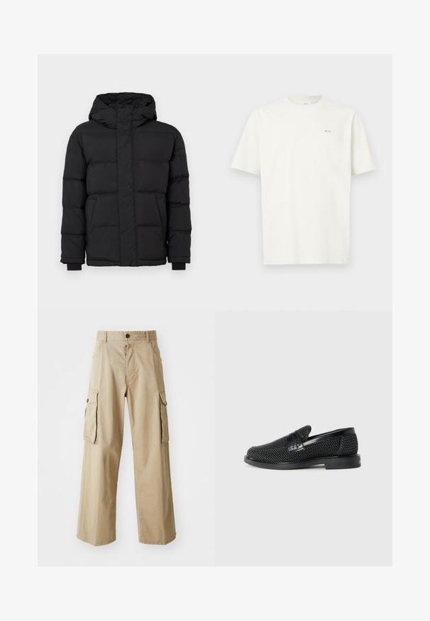 Chaqueta acolchada negra con capucha, que presenta un diseño acolchado, puños elásticos y dos bolsillos frontales. Textura suave y aislamiento cálido.; Camiseta blanca de manga corta con el pequeño texto negro "NN. 07" en el lado izquierdo del pecho, sobre un fondo claro.; Pantalones cargo beige de algodón, con un diseño de pierna ancha, dos grandes bolsillos laterales y un cierre de botón en la cintura.; Zapato negro de tejido con un acento de cuero suave en la parte superior, diseño de punta redonda y suela de goma de perfil bajo.