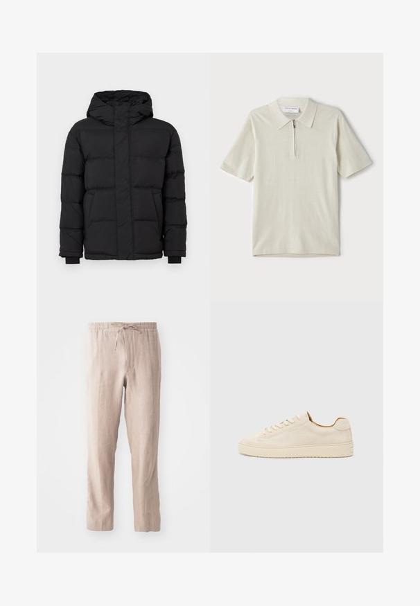 Černá péřovka s kapucí, s prošívaným designem, elastickými manžetami a dvěma předními kapsami. Hladký povrch a teplá izolace.; Pánská polo košile s krátkým rukávem v světlé béžové barvě, s límcem na zip. Vyrobena z hladkého materiálu, s jednoduchým, moderním designem bez vzorů.; Béžové lněné kalhoty s elastickým páskem a šňůrkou. Rovný střih s jemnou texturou a minimalistickým stylem.; Beige semišové tenisky s nízkým střihem, kulatou špičkou, plochými tkaničkami a texturovanou gumovou podrážkou. Minimalistický styl bez viditelných log.