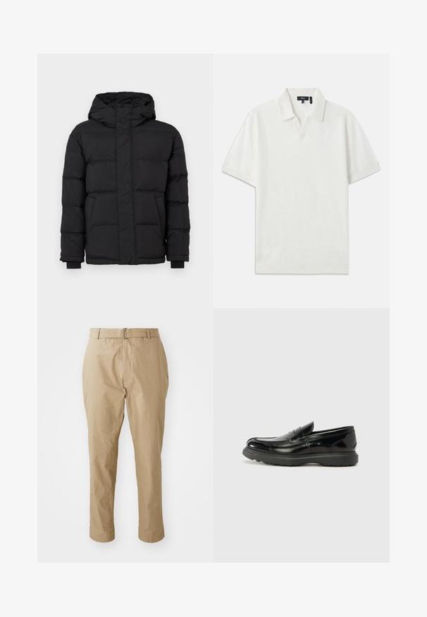 Svart puffjacka med huva, med en quiltad design, elastiska ärmslut och två framfickor. Slät yta och varm isolering.; Vit kortärmad polo med ett strukturerat mönster, v-ringad krage och mjukt tyg. Har subtila, rena linjer och en avslappnad passform.; Beiga chinos i en mjuk bomullsblandning, med en slim fit, slät front, bälteshällor och en enkel silverfärgad spänne i en minimalistisk design.; Svart läderloaferskor med en glänsande yta, rund tå, diskreta söm detaljer och en tjock gummisula för hållbarhet.