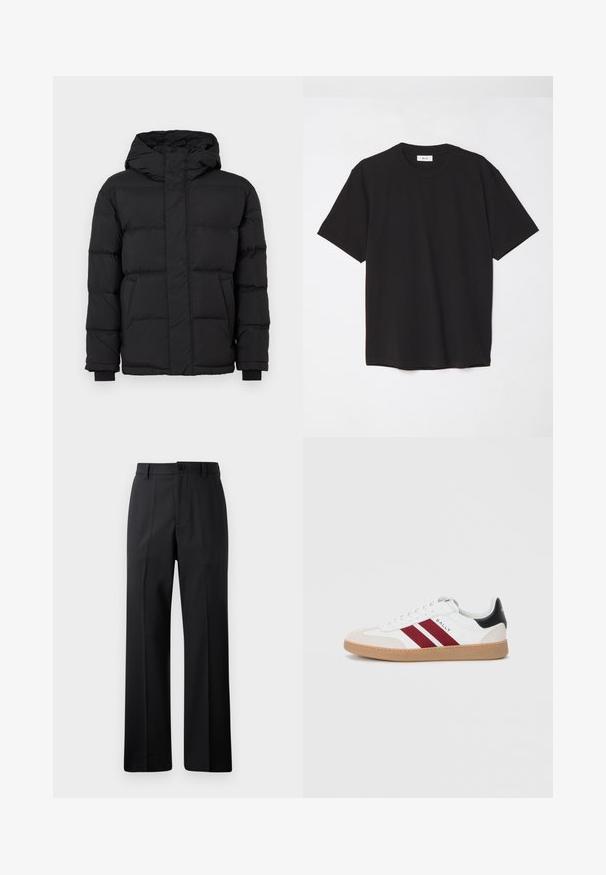Μαύρο μπουφάν με κουκούλα, με κορυφαίο σχέδιο επένδυσης, ελαστικούς καρπούς και δύο πρόσθιες τσέπες. Απαλή υφή και ζεστή μόνωση.; Μαύρο βαμβακερό μπλουζάκι με στρογγυλή λαιμόκοψη, κοντά μανίκια και άνετη εφαρμογή. Απλός σχεδιασμός, λεία υφή και χωρίς ορατά σχέδια ή λογότυπα.; Μαύρο παντελόνι ίσιας γραμμής με ζώνη, μπροστινό κουμπί και φερμουάρ, εκτεθειμένο σε απλή λευκή φόντο.; Λευκά χαμηλά παπούτσια με δύο μπορντό ρίγες, σουέντ κάλυμμα στην μύτη και μαύρη λεπτομέρεια στη φτέρνα, με καουτσούκ σόλα.