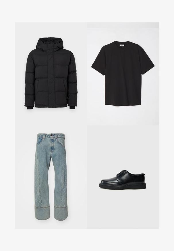 Black puffer jacket with a hood, featuring a quilted design, elastic cuffs, and two front pockets. Smooth texture and warm insulation.; Black cotton t-shirt with a crew neck, short sleeves, and a relaxed fit. Simple design, smooth texture, and no visible patterns or logos.; Light blue denim jeans with a wide leg, featuring a patterned side panel and contrasting darker denim cuffs. Classic five-pocket design.; Black leather lace-up shoes with a rounded toe, smooth finish, and textured black rubber sole. Minimalistic design with no visible patterns.