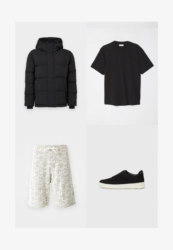 Black puffer jacket with a hood, featuring a quilted design, elastic cuffs, and two front pockets. Smooth texture and warm insulation.; Black cotton t-shirt with a crew neck, short sleeves, and a relaxed fit. Simple design, smooth texture, and no visible patterns or logos.; Lightweight shorts made of woven fabric, featuring a gray and white geometric pattern, elastic waistband with drawstring, and loose fit.; Black suede sneaker with lace-up design and contrasting white rubber sole. Features textured side panels and subtle branding on the heel.