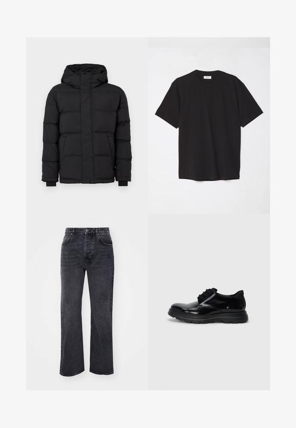 Juodas pūkinis švarkas su gobtuvu, pasižymintis siuvinėtu dizainu, elastingomis rankovėmis ir dviem priekinėmis kišenėmis. Lygus paviršius ir šilta izoliacija.; Juodas medvilninis marškinėlis su apvaliu kaklu, trumpomis rankovėmis ir laisvu siluetu. Paprastas dizainas, lygus paviršius ir be matomų raštų ar logotipų.; Juodos džinsinės kelnės su tiesia kojų forma, turinčios penkias kišenes, užtrauktuko užsegimą ir mygtuko uždarymą. Audinys turi lygų paviršių.; Juodas odinis batelis su raišteliais, su lygia danga, patvaria gumine padanga ir suapvalintu pirštu. Yra auselės raišteliams ir subtilus ženklinimas.