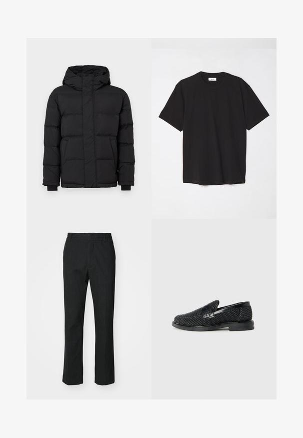 Doudoune noire à capuche, avec un design matelassé, des poignets élastiques et deux poches avant. Texture lisse et isolation chaude.; T-shirt en coton noir avec un col ras du cou, des manches courtes et une coupe décontractée. Design simple, texture lisse, sans motifs ni logos visibles.; Pantalon noir à coupe droite, en tissu lisse. Il présente une taille élastique et ne comporte ni poches visibles ni embellissements.; Chaussure slip-on tissée noire avec un accent en cuir lisse sur le dessus, un design à bout rond et une semelle en caoutchouc à profil bas.
