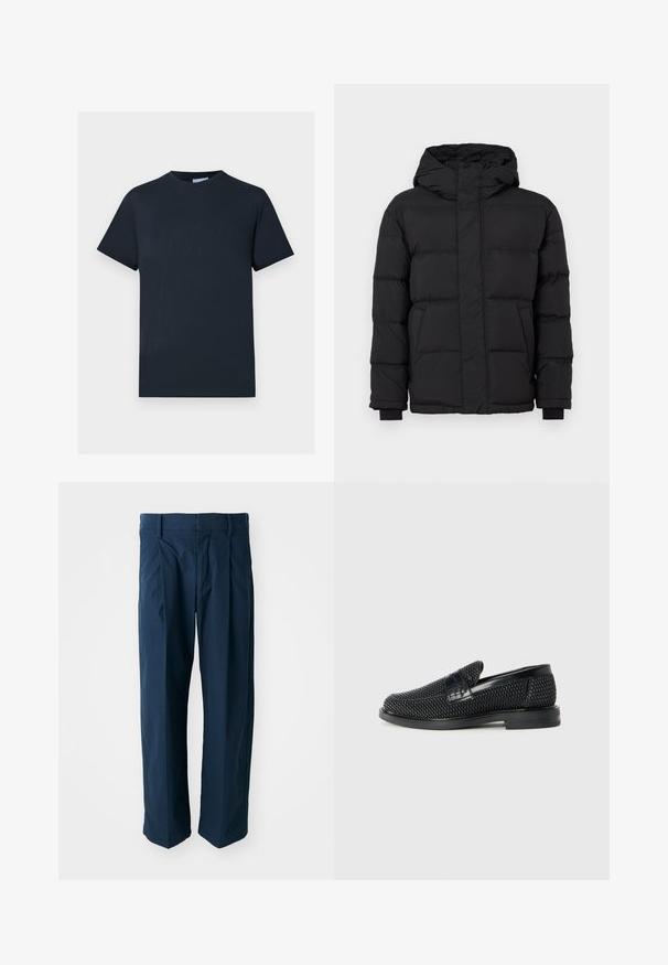 Svart puffjacka med huva, med en quiltad design, elastiska ärmslut och två framfickor. Slät yta och varm isolering.; Marinblå bomullströja med kort ärm och rund halsringning, har en strukturerad logodesign över bröstet i en ljusare nyans.; Mörkblå byxor i bomull med avslappnad passform, framfickor och platt midjeband med bälteshällor.; Svart vävd slip-on sko med en slät läderdetalj på ovansidan, med rund tådesign och en låg gummisula.