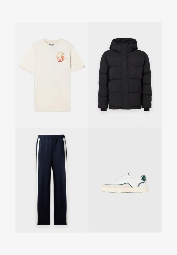 Musta puffjakker, millel on kapuuts, iseloomulikult tehtud tikandiga, elastsete mansettide ja kahe esiosa taskuga. Sile tekstuur ja soe isolatsioon.; Kreem värvi puuvillane T-särk lühikeste varrukatega ja lõdva lõikega, mille vasakul rinnal on värviline astronaudi graafika.; Tumedad spordipüksid laia sääre disainiga, mille külgedel on vertikaalsed kreemivärvi triibud. Valmistatud pehmest, tekstuuriga kangast, elastse vöökoha jaoks.; Valge madal spordijalats roheline ääris, beežist seemisnahast detailid ja kreemjasvärvi tallaga, millel on sooneline põhi.