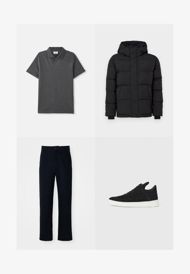 Melna pūkaina jaka ar kapuci, ar izšūtu dizainu, elastīgām piedurknēm un divām priekšējām kabatām. Gluda tekstūra un silta izolācija.; Ogle melnā īsām piedurknēm polo krekls ar apkakli un bez redzamām pogām, izlīdzināts uz baltas fona.; Kokvilnas tumši zilas bikses ar taisnu kāju dizainu, priekšējo pogu aizdari un klasisku jostasvietu ar jostas cilpiņām.; Melna zamša apavi ar baltu gumijas zoli, ar tonālu izšuvumu un auklu dizainu. Gluda tekstūra ar mūsdienīgu, plūstošu formu.