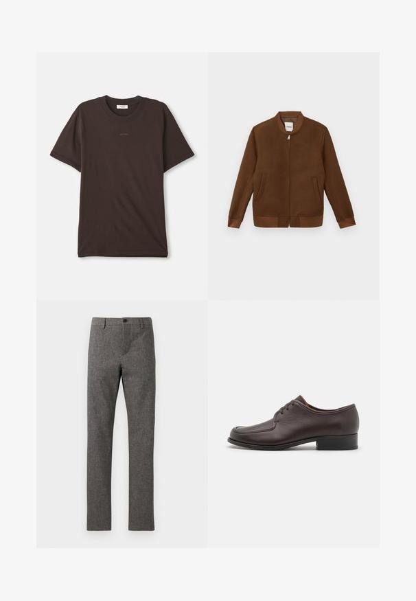 Hnedý bomber jacket s okrúhlym výstrihom, predným zipsom, dvoma bočnými vreckami, rebrovanými manžetami a lemom. Hladká tkanina s jemnou textúrou.; Tmavohnedé tričko s krátkym rukávom a okrúhlym výstrihom so stredovo umiestneným logom "SANDRO" na hrudi a štítkom vo vnútri krku.; Sivé nohavice z textúrovaného tkaného materiálu. Prispôsobený strih so plochým predným dielom, zipsom a jedným gombíkom na zapínanie. Viditeľné nie sú žiadne ďalšie vrecká.; Hnedé kožené spoločenské topánky s hladkým povrchom, okrúhlou špičkou a uzavretým šnurovaním. Majú nízky stohovaný podpätok a jemný detail prešívania.