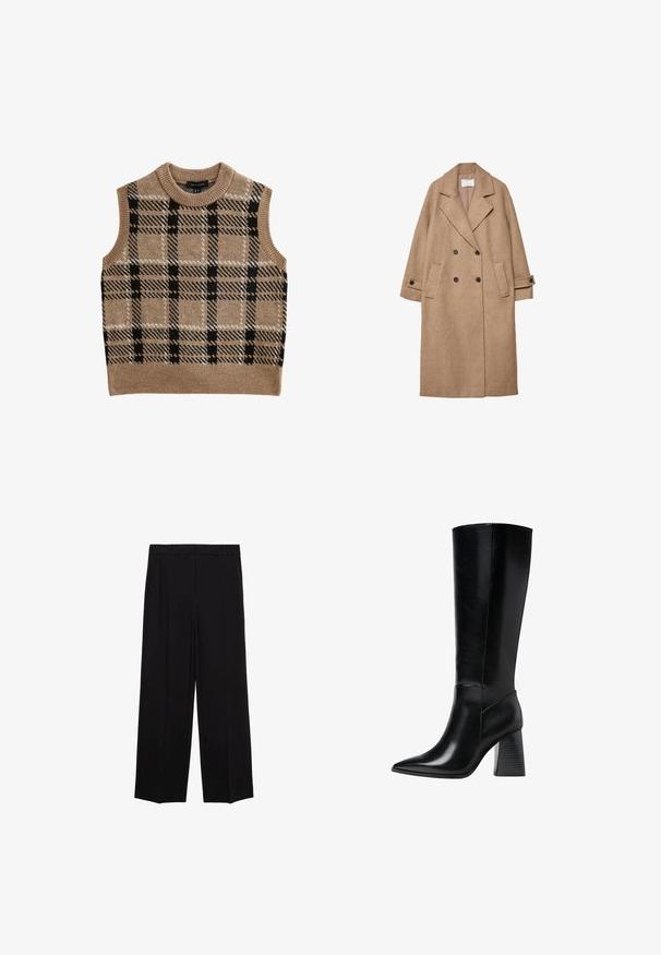 Langer, beiger Wollmantel mit doppelter Knopfreihe, großen Revers, zwei vorderen Taschen und Knopfmanschetten. Glatte Textur und neutraler Farbton.; Beige gestrickte Weste mit rundem Halsausschnitt, die ein schwarz-weißes Karomuster aufweist, ärmellos ist und über einen gerippten Saum verfügt.; Schwarze weit geschnittene Hosen aus glattem Stoff, mit Falten an der Vorderseite und seitlichen Taschen, entworfen in einem geraden, lässigen Schnitt.; Knöchelhohe schwarze Lederstiefel mit spitzem Schuhkopf, glatter Textur und einem stabilen, profilierten Blockabsatz. Schlankes Design mit minimalen Akzenten.