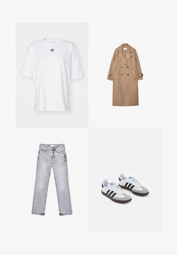 Dlouhý béžový vlněný kabát s dvojitým zapínáním, velkými klopami, dvěma předními kapsami a manžetami na knoflíky. Hladká textura a neutrální odstín.; Bílý krátký rukávový tričko vyrobené z bavlny. Má kruhový výstřih a malé černé logo Adidas na hrudi. Rovný lem.; Šedé džíny z denimu se střihy rovnými nohavicemi, s poškozenou úpravou, pěti kapsami a měděnými nýtky. Pasová část obsahuje logo štítek.; Sportovní boty s bílým koženým svrškem, šedou semišovou špičkou a třemi černými pruhy. Obsahují modré logo na jazyku a texturovanou gumovou podrážku.