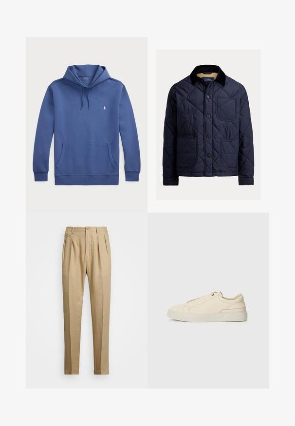 Casaco acolchoado azul marinho com colarinho de veludo cotelê, bolso frontal e fecho de botão. Apresenta uma textura suave e um design de cor sólida.; Sweatshirt azul feito de uma mistura de algodão, com um bolso tipo canguru, punhos canelados e um logótipo bordado no peito. Capuz com cordão ajustável.; Calças de linho bege com corte reto, apresentando dois plissados frontais, fecho com botão e bolsos laterais. Tecido texturizado com um acabamento suave.; Sneakers de pele bege com biqueira arredondada, design minimalista, detalhes de costura subtis e parte superior texturizada, em sola clara.