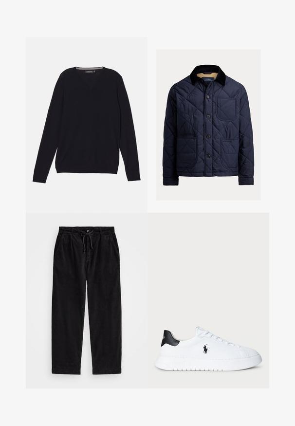 Casaco acolchoado azul marinho com colarinho de veludo cotelê, bolso frontal e fecho de botão. Apresenta uma textura suave e um design de cor sólida.; Sweater preto de manga longa em V feito de um tecido leve e suave. Inclui punhos e bainha canelados para um acabamento ajustado.; Calças de veludo cotelê pretas com um ajuste relaxado, apresentando uma cintura elástica com cordão e bolsos laterais. O tecido apresenta uma textura canalizada.; Sapatilhas brancas de cano baixo com tabuleiro de calcanhar preto e logótipo da Polo Ralph Lauren em preto na lateral, apresentando atacadores brancos e sola de borracha grossa.