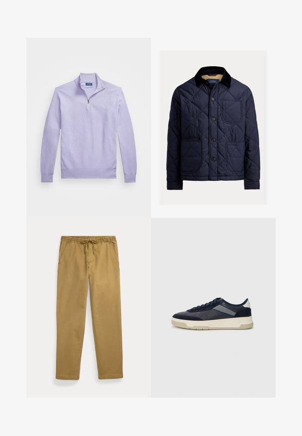 Mornarska podložena jakna s trsasto ovratnikom, sprednjim žepom in gumbom za zapiranje. Ima gladko teksturo in enobarven dizajn.; Svetlo vijoličast pulover iz pletenine z zapenjanjem na četrtino zadrge, rebrastimi manšeti in robom; vsebuje majhen logotip na prsih.; Khaki hlače ravnega kroja z elastičnim pasom in sprednjim vrvico, z nagibnimi sprednjimi žepi in prešito obrobo.; BOSS BALTIMORE - Športni copati - open blue