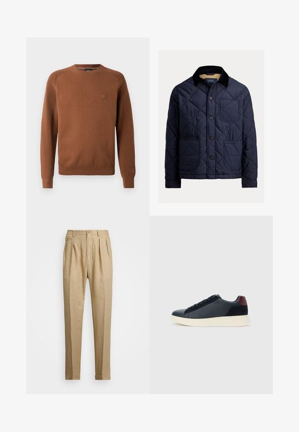 Mornarska podložena jakna s trsasto ovratnikom, sprednjim žepom in gumbom za zapiranje. Ima gladko teksturo in enobarven dizajn.; Rjav pleteni pulover s okroglim izrezom in rebrastimi manšetami, ki ima subtilno logo na prsih in gladko teksturo.; Beige lanene hlače s ravnim krojem, ki imajo dva sprednja pregiba, gumbasto zapiranje in stranske žepi. Teksturna tkanina z gladkim zaključkom.; Nizke moške tenisice iz črnega usnja in semiša z vijoličnim petnim delom in belim gumijastim podplatom, prikazane s sprednje strani.