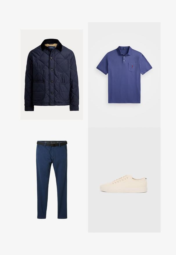 Jachetă matlasată bleumarin cu guler din catifea, buzunar frontal și închidere cu nasturi. Prezintă o textură netedă și un design de culoare solidă.; Cămașă polo mov din bumbac, cu un guler cu trei butoane, mânecile scurte și un buzunar pe piept cu un logo brodat roșu.; Pantaloni bleumarin dintr-un material neted, cu un front plat, buzunare laterale și o curea neagră cu o cataramă pătrată.; Tenisi din pânză bej cu vârf rotund, talpă plată din cauciuc și șireturi în față. Au un design minimalist și un accent contrastant negru la călcâi.