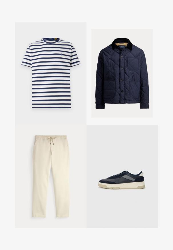 Casaco acolchoado azul marinho com colarinho de veludo cotelê, bolso frontal e fecho de botão. Apresenta uma textura suave e um design de cor sólida.; T-shirt às riscas em branco com riscas azul-marinho, com decote canelado e um pequeno logótipo no peito. Tecido de algodão macio.; Calças casuais off-white com cintura elástica e cordão, pernas retas e bolsos laterais, contra um fundo liso.; BOSS BALTIMORE - Sapatilhas - open blue