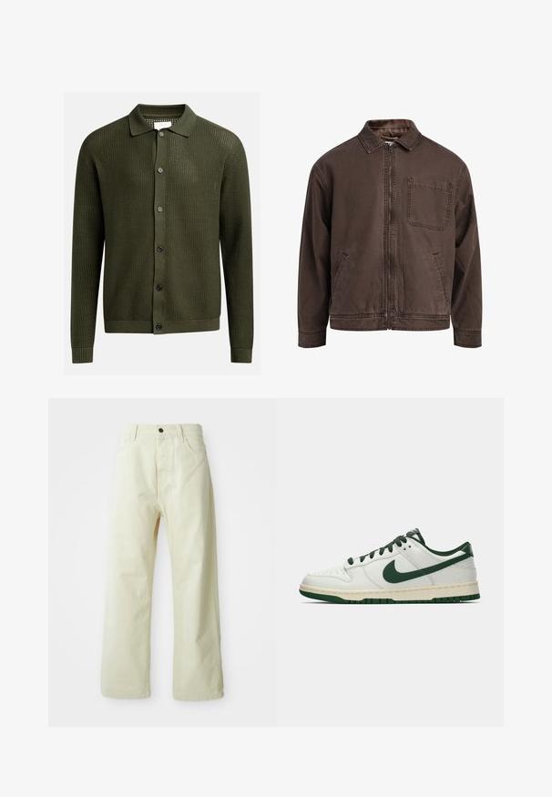 Bruine, ritssluitingjas gemaakt van duurzaam stof; heeft een kraag, lange mouwen, voorzakken en een enkele borstzak.; Olijfgroene cardigan met een gestructureerd breipatroon, een kraaghalslijn en zes donkere knopen aan de voorkant; geribbelde manchetten en zoom.; Wit T-shirt met korte mouwen van katoen, met een ronde hals en een losse pasvorm. Geen zichtbare patronen of accenten. Simpel ontwerp.; Lichtgele, wijde broek van denim, met een sluiting met voorknop, vijf zakken en een rechte, onversierde stijl.; Witte lage sneakers met een donkergroene Nike swoosh, veters en accentkleuren op de zool, weergegeven in profiel op een effen witte achtergrond.