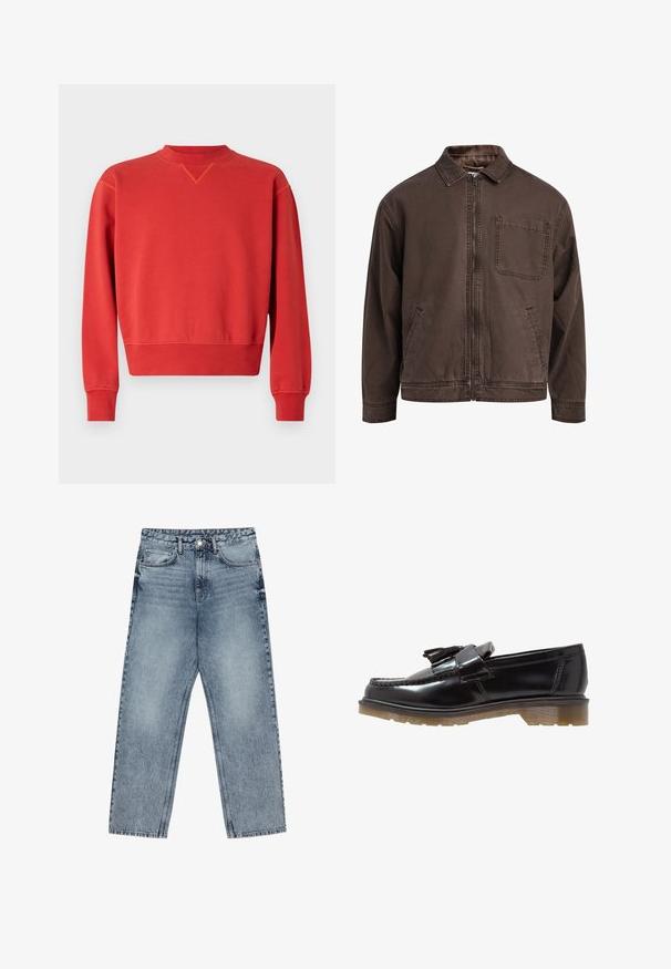 Veste brune zippée en tissu durable ; elle est dotée d'un col, de manches longues, de poches avant et d'une poche poitrine.; Sweatshirt rouge avec un col rond et des manches longues. Texture lisse, poignets et ourlet côtelés, présentant un subtil détail en V à la col.; Jean en denim bleu clair avec une coupe droite, couture visible, design à cinq poches et fermeture à bouton à la taille.; Loafers en cuir verni noir avec un design tressé, une touche de pampilles et une semelle en caoutchouc texturée et épaisse. La vue de côté met en avant une silhouette élégante.