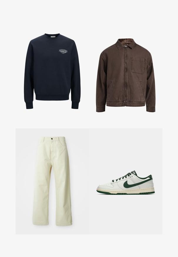 Jacket castanho, com fecho éclair, feito de tecido durável; possui colarinho, mangas longas, bolsos frontais e um único bolso no peito.; Sweatshirt azul-marinho em mistura de algodão, design de gola redonda. Apresenta punhos e bainha canelados, com logotipo em texto branco no lado esquerdo do peito.; Calças largas de denim amarelo-claro, com fecho frontal por botão, cinco bolsos e um design straight sem adornos.; Sapatilha baixa branca com swoosh da Nike em verde escuro, atacadores e acentos do solado, mostrada em perfil sobre um fundo branco simples.