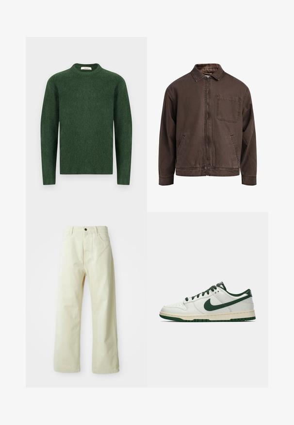 Jacket castanho, com fecho éclair, feito de tecido durável; possui colarinho, mangas longas, bolsos frontais e um único bolso no peito.; Sweater verde tricotado com decote redondo, mangas longas e um tecido texturizado. Design simples, sem padrões ou acentos visíveis.; Calças largas de denim amarelo-claro, com fecho frontal por botão, cinco bolsos e um design straight sem adornos.; Sapatilha baixa branca com swoosh da Nike em verde escuro, atacadores e acentos do solado, mostrada em perfil sobre um fundo branco simples.
