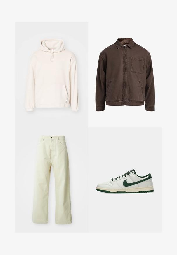 Pruun, lukuga jakk, mis on valmistatud vastupidavast kangast; sisaldab kraed, pikki varrukaid, eespool taskuid ja ühte rinna taskut.; Heledu beige spordijakk, valmistatud pehmest flanellmaterjalist. Omab nööriga kapuutsi, esitaskut, soonikkoes mansette ja minimaalset logo detaili.; Hele kollaste, laiad püksid, valmistatud denimist, ees nuppe sulgemisega, viie taskuga ja sirge, ilma kaunistusteta disainiga.; Valge madalate tossudega, millel on tumeroheline Nike Swoosh, paelad ja tallakatted, esitatud külgmises vaates ühtlasel valgel taustal.