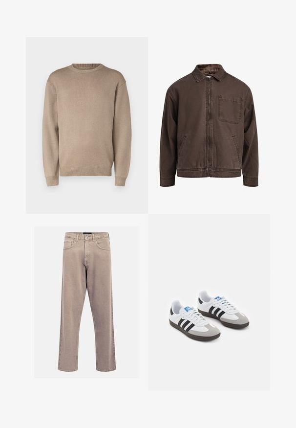Hnedá bundu na zips vyrobená z odolnej látky; má golier, dlhé rukávy, predné vrecká a jedno vrecko na hrudi.; Béžový pletený sveter s okrúhlym výstrihom, dlhými rukávmi a rebrovanými manžetami a lemom; hladká textúra s jednotným vzorom.; Béžové rovné džínsy vyrobené z denimu, s klasickým dizajnom piatich vreciek, prešitými detailami a čistým ukončením lemu.; Športové topánky s bielym koženým zvrškom, šedou semišovou špičkou a tromi čiernymi pruhmi. Obsahujú modré logo na jazyku a štruktúrovanú gumovú podrážku.