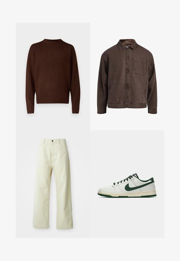 Hnedá bundu na zips vyrobená z odolnej látky; má golier, dlhé rukávy, predné vrecká a jedno vrecko na hrudi.; Hnedý pletený sveter s okrúhlym výstrihom, dlhými rukávmi a rebrovanými manžetami. Materiál je textúrovaný, s jemným vzhľadom.; Svetlo žlté, široké džínsy s predným zapínaním na gombík, piatimi vreckami a rovný, nezdobený dizajn.; Biele nízke tenisky s tmavozeleným Nike swooshom, šnúrkami a akcentmi na podrážke, zobrazené v profile na jednoduchom bielom pozadí.
