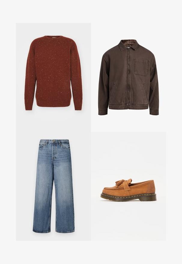 Bruine, ritssluitingjas gemaakt van duurzaam stof; heeft een kraag, lange mouwen, voorzakken en een enkele borstzak.; Carhartt WIP ANGLISTIC - Trui - speckled offroad; Wijde blauwe denim jeans met een vervaagde was, vijf zakken en een knoopsluiting. Voorzien van riemlussen en gestikte details.; Bruine suède instappers met een decoratieve tassel, met een ronde neus en een dikke, geribbelde zool met oranje stiksel.