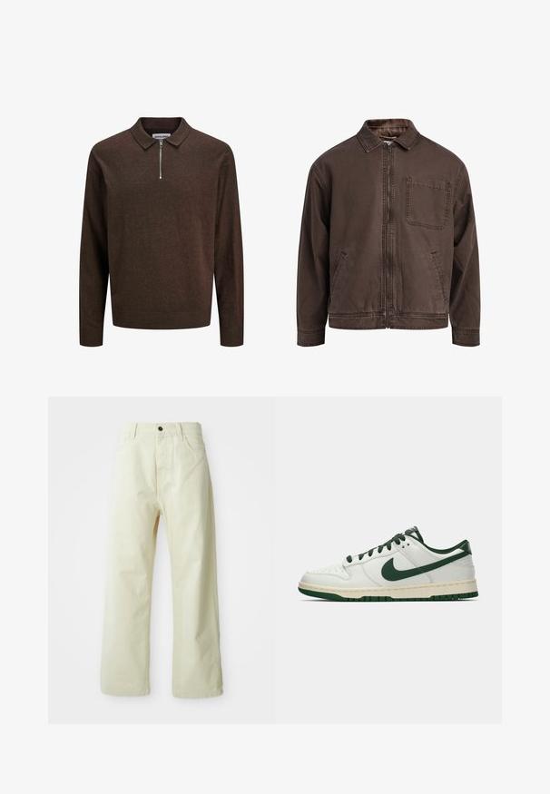 Giacca marrone con zip realizzata in tessuto resistente; presenta un colletto, maniche lunghe, tasche frontali e una tasca sul petto.; Pullover lavorato a maglia marrone scuro a maniche lunghe con colletto e zip frontale a metà, con polsini e orlo a coste, etichettato JACK & JONES.; Pantaloni a gamba larga giallo chiaro, realizzati in denim, con chiusura anteriore a bottone, cinque tasche e design dritto e semplice.; Sneaker bianco a bassa cima con swoosh Nike verde scuro, lacci e dettagli della suola, mostrato di profilo su uno sfondo bianco uniforme.